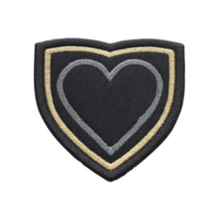 Black fabric patch with heart design outlined in gray and gold, creating stylish and modern look. patch is shield shaped, suitable for clothing or accessories png