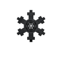 Black snowflake design with central circular pattern and symmetrical arms, resembling wheel or gear, set against transparent background png