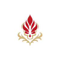 Stylized red and black skull design with flame like elements and ornate gold accents, creating bold and edgy appearance. intricate details add sense of intensity and flair png