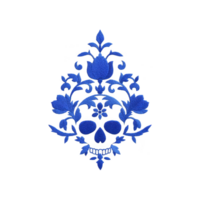 This features intricate blue floral design forming skull shape, blending nature with gothic aesthetic. pattern is symmetrical and detailed, creating striking visual impact.floral skull design png