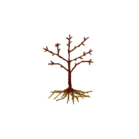 Small, artistic wire tree sculpture with bare branches and visible roots, crafted from copper and gold colored wire, stands against plain background png