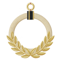 Golden laurel wreath with detailed embroidery, symbolizing victory and achievement, is depicted in this image. wreath is circular with loop at top for hanging png