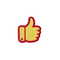 Yellow thumbs up patch with red border, symbolizing approval or positivity. design is simple and bold, making it ideal for clothing or accessories png