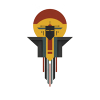 This features geometric abstract design with bold colors and symmetrical shapes, resembling futuristic emblem or logo. composition includes circular and angular elements shades of yellow, red png
