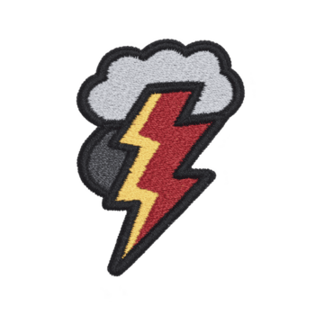 Colorful embroidered patch features cloud with bold red and yellow lightning bolt, symbolizing energy and power. design is outlined in black, adding contrast and definition png