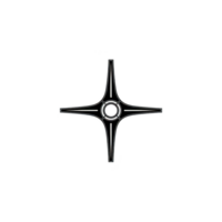 Sleek, metallic four pointed star shaped object with central circular hub, resembling futuristic design element or mechanical component png