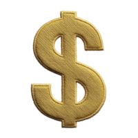 Golden embroidered dollar sign symbol on transparency background, representing wealth and financial success. texture and color give it luxurious and elegant appearance png