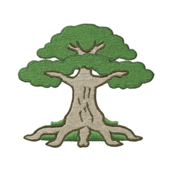 ricamato toppa di albero con di spessore tronco e lussureggiante verde baldacchino, simboleggiante forza e crescita. design è dettagliato con visibile radici e rami, la creazione di naturale e biologico sentire png