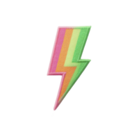 Vibrant lightning bolt patch with gradient of pink, orange, and green colors, symbolizing energy and creativity. design is bold and eye catching, perfect for adding flair to clothing png