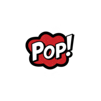 Vibrant comic style POP text in bold black letters is set against red, cloud like background with dotted pattern, creating dynamic and playful effect png
