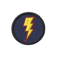 Round embroidered patch features bold yellow lightning bolt with red outline on blue background, symbolizing energy and power. patch is bordered in black png