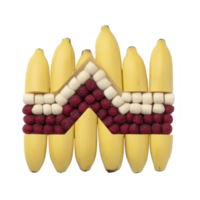 Creative arrangement of bananas, raspberries, and banana slices forms geometric pattern. vibrant colors and unique design create visually appealing and artistic display png