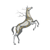 Stylized illustration of rearing horse with antlers, featuring sleek, modern design with gold and silver accents. image combines elements of fantasy and elegance, creating unique and artistic png