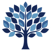 Stylized tree with blue leaves in various shades creates harmonious and calming design. symmetrical arrangement of leaves adds sense of balance and tranquility png