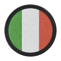 This shows circular patch featuring Italian flag with vertical green, white, and red stripes. patch has black border, giving it distinct and bold appearance png