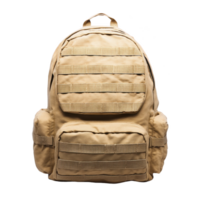 Tan tactical backpack with multiple compartments and MOLLE webbing, designed for outdoor activities and military use. durable material and spacious design make it ideal for hiking and camping png