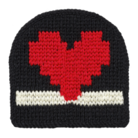 Knitted black beanie features bold red heart pattern and white stripe, showcasing cozy and stylish design. Perfect for adding warmth and charm to any winter outfit png