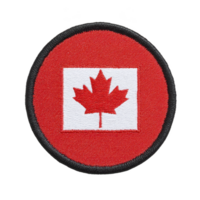 This shows circular patch featuring Canadian flag with red maple leaf on transparency background, surrounded by red border. patch is embroidered and has black edge png