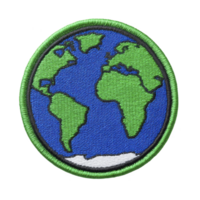 This shows embroidered patch featuring stylized depiction of Earth with green continents and blue oceans, bordered by green edge. design is simple and colorful png