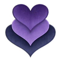 Three layered hearts in shades of purple and blue create textured, fabric like appearance, symbolizing love and unity. gradient effect adds depth and elegance to design png