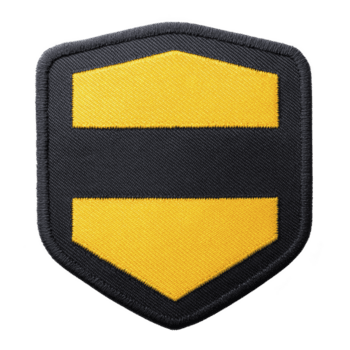 esta muestra negro y amarillo bordado parche con proteger forma. parche caracteristicas sencillo diseño con dos horizontal amarillo barras transparencia fondo, creando negrita y sorprendentes apariencia png