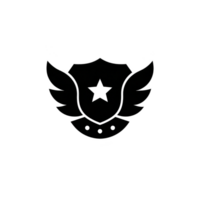 Black and white emblem features shield with central star, flanked by stylized wings, conveying sense of protection and authority. design is simple yet impactful png