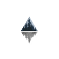 Geometric design features triangle with forest silhouette, reflecting serene and mysterious atmosphere. trees are depicted in shades of blue and gray, creating mirrored effect png