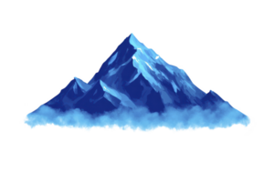A majestic blue mountain peak surrounded by misty clouds, evoking sense of tranquility and awe. illustration captures serene beauty of nature with its vibrant colors and ethereal atmosphere png