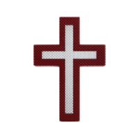 Red and white beaded cross with textured surface, symbolizing faith and spirituality, is displayed against plain background. intricate beadwork adds handcrafted touch png