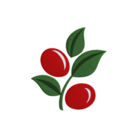 Branch with two red berries and green leaves is depicted in simple, embroidered style, set against transparent background. design is minimalistic and vibrant png