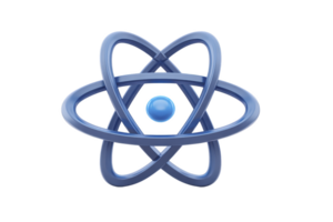 A blue atomic model with orbiting paths and central nucleus symbolizes science and energy. design is sleek and modern, representing atomic structure and physics concepts png