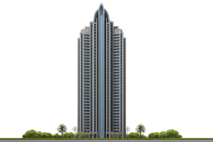 A modern skyscraper with sleek design stands tall against clear sky, surrounded by lush greenery and palm trees, showcasing urban architecture and city living png