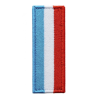 Rectangular embroidered patch features vertical stripes in blue, white, and red, symbolizing national flag. patch has textured fabric surface with detailed stitching png
