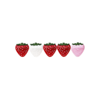 Five colorful strawberries, each with unique design, are arranged in row against transparency background, showcasing playful and creative pattern png