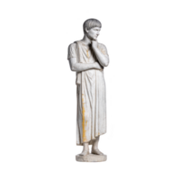 A marble statue of thoughtful man in toga stands with contemplative expression, hand on chin, evoking sense of introspection and classical elegance png