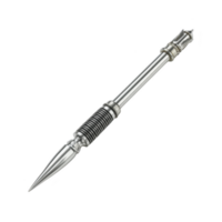 A sleek, metallic tactical pen with pointed tip and ribbed grip, designed for self defense and writing. its durable construction and compact size make it ideal for everyday carry png