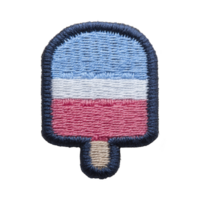 This shows embroidered patch in shape of popsicle with blue, white, and red stripes. patch has textured, stitched appearance and dark border.popsicle patch png
