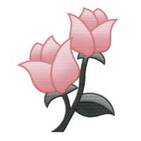 Pink embroidered flowers with green leaves on transparency background, showcasing delicate stitching and soft texture. design features two blooming flowers with graceful appearance png