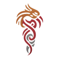 This features abstract tribal tattoo design with intricate patterns orange, red, and gray colors, creating dynamic and artistic appearance. design is symmetrical and stylized.abstract tribal png