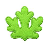 Vibrant green embroidered patch in shape of stylized leaf with intricate stitching details, set against plain background. design is bold and eye catching png
