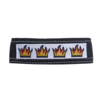 This shows black fabric patch with four flame designs embroidered in row, each flame featuring red and yellow colors. patch has transparency background and visible stitching around edges png