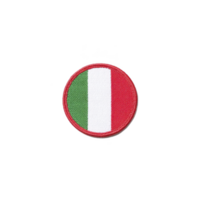This shows circular patch featuring Italian flag with green, white, and red vertical stripes. patch is embroidered and has textured appearance png