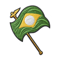 This features embroidered patch of stylized flag with green background, yellow diamond, and white circle in center, mounted on pole. design is vibrant and textured png