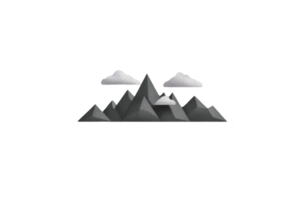 A minimalist illustration of mountain range with stylized clouds floating above, set against transparent background. geometric shapes and monochrome palette create modern and serene aesthetic png
