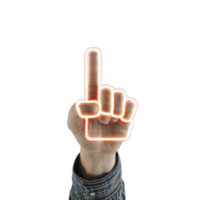 A hand wearing checkered sleeve holds up glowing, neon outlined foam finger pointing upwards, symbolizing number one or victory. image conveys enthusiasm and support png