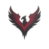 Stylized phoenix logo with red and black gradient wings, symbolizing rebirth and strength. design features sharp, angular lines and central bird figure, conveying sense of power and elegance png