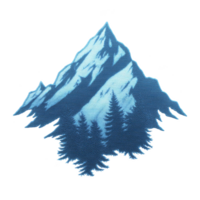 Stylized illustration of snow capped mountain with pine trees at base, creating serene and natural landscape. blue tones evoke sense of calm and tranquility png