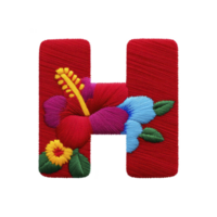Image features red letter H adorned with colorful embroidered flowers, including hibiscus and other floral elements, creating vibrant and artistic design png