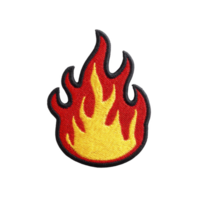 Vibrant embroidered patch in shape of flame, featuring red and yellow colors, symbolizing energy and passion. patch has black border, enhancing its bold design png