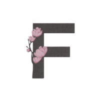 Image features decorative letter F adorned with pink floral elements, creating elegant and artistic design. letter is styled with textured appearance, adding depth and charm.floral letter F with png
